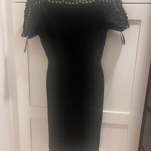 Herve Leger Black Off-Shoulder Sheath Midi Dress